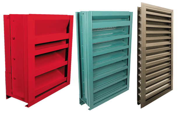 Three louvers of different colors lined up in a row