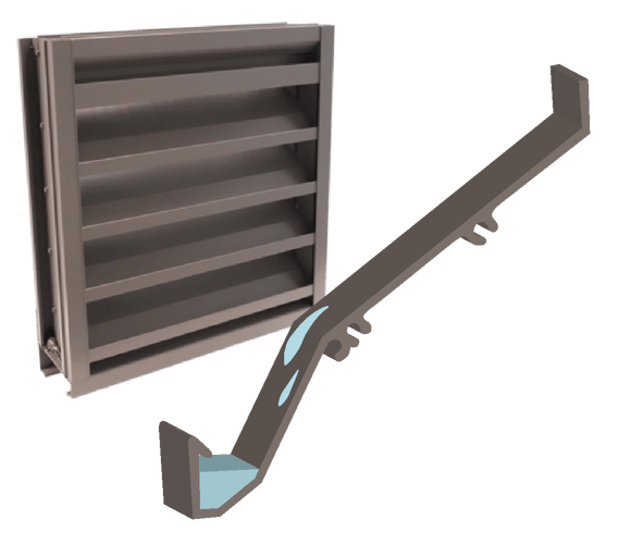 A louver beside an illustration of a louver drain blade with water in its drain trough