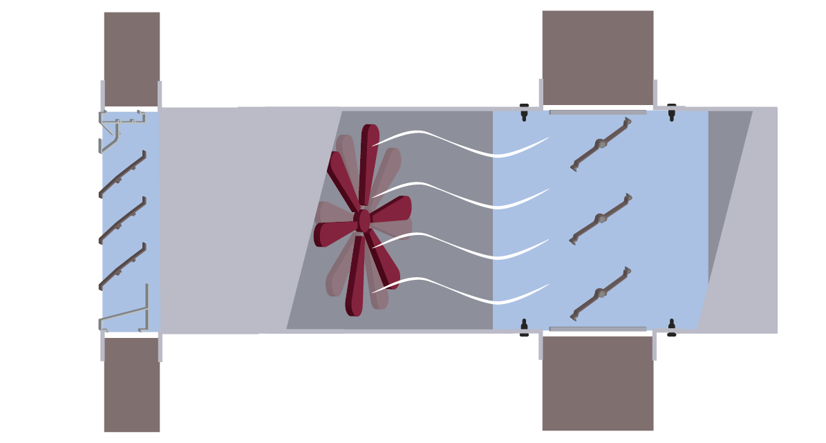 Illustration of a louver and damper working together in a duct system