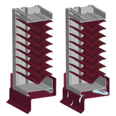 Illustration of two severe weather louvers with drain pans. One drain pan is collecting rainwater.