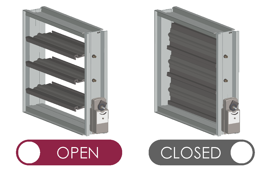 Illustration of two dampers, one powered and open, and one unpowered and closed