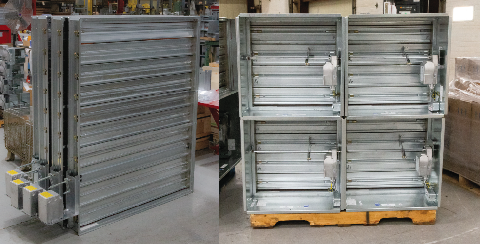 A damper with an on-jamb actuator on left and a damper with an on-face actuator on right