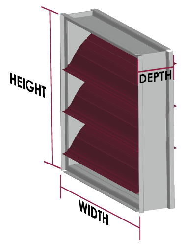 An illustration of a damper illustrating three dimensions: width, height, and depth