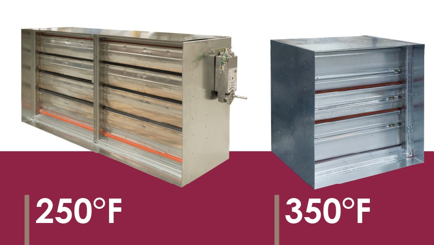 Two smoke dampers with different temperature ratings