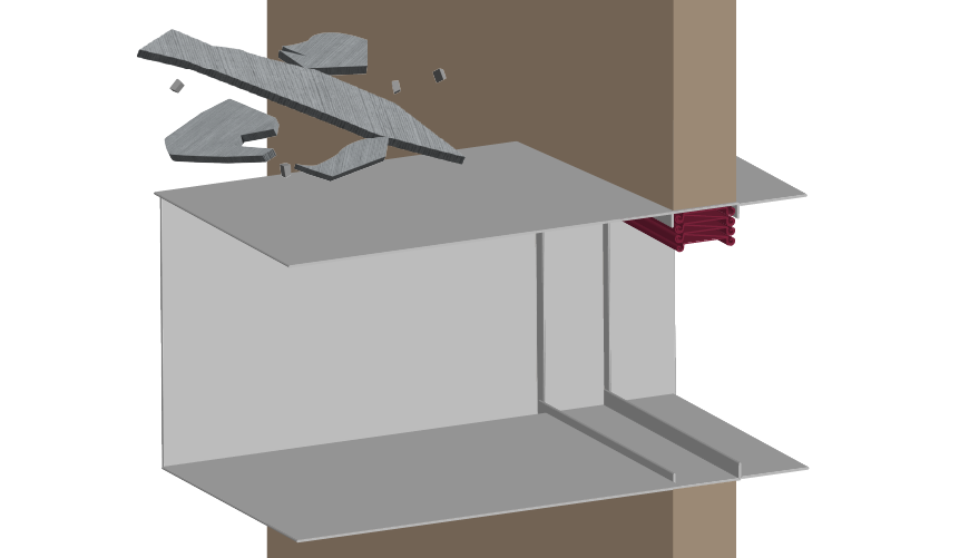 Illustration of a fire damper in a duct with debris falling on the duct.