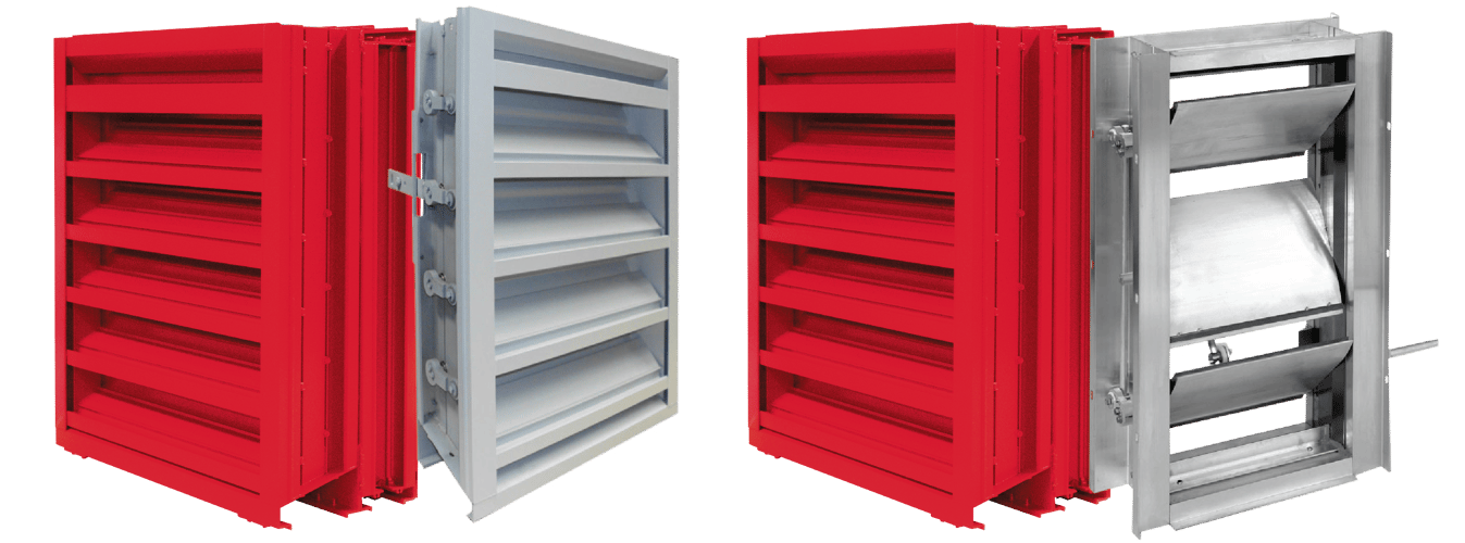 Two severe weather louvers on the left and a louver and a damper on the right.