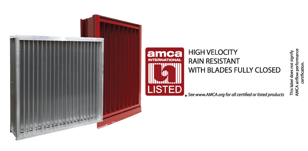 Two severe weather louvers beside an AMCA listing label for AMCA 550 wind driven rain