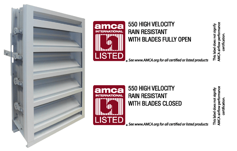 A severe weather louver with two AMCA 550 labels beside it, one for blades open and one for blades closed.