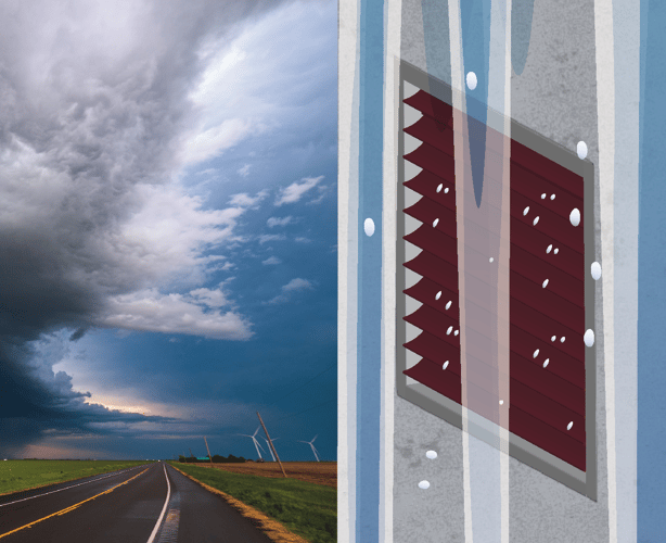 Illustration of a louver installed, protecting against light rain