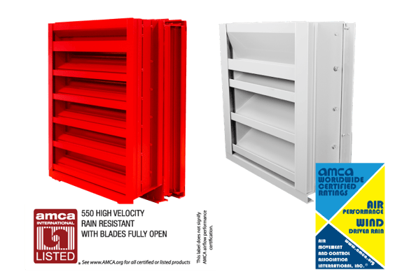 A hurricane louver with an AMCA 550 label and a wind driven rain louver with an Wind Driven Rain label