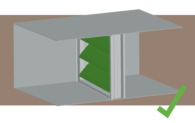 Illustration of a damper with green blades, indicating that the damper meets airflow requirements