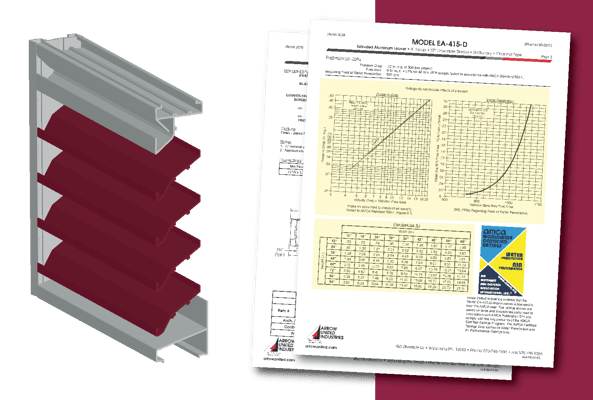 Illustration of a louver beside a submittal with performance data highlighted