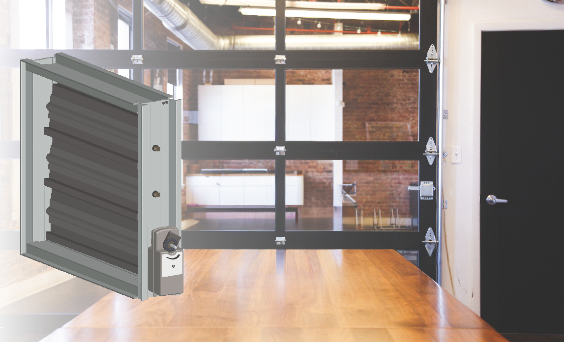 A closed damper in front of an empty office