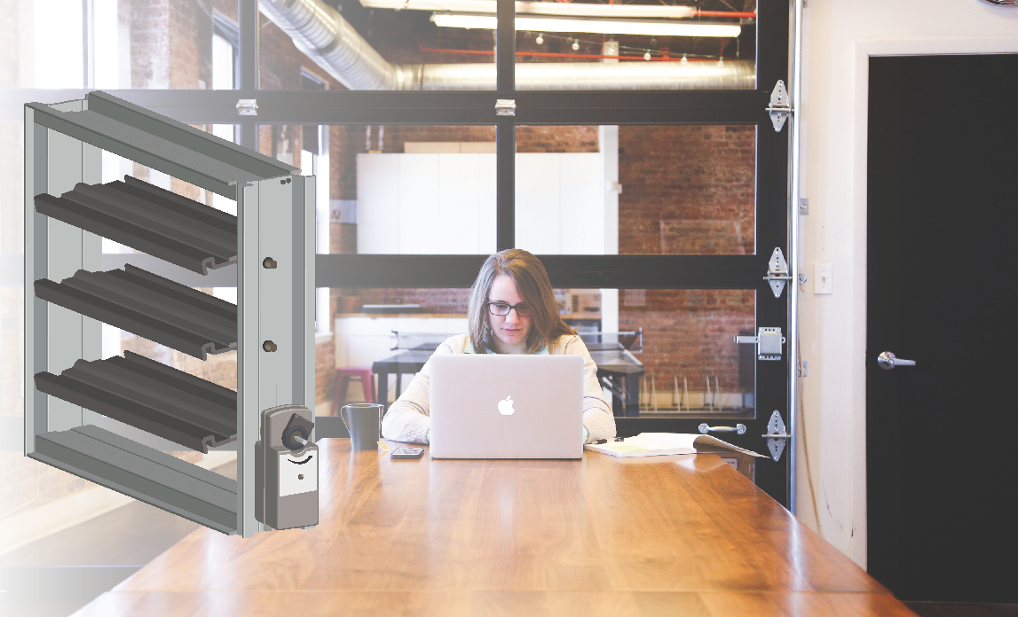 An open damper in front of an occupied office room