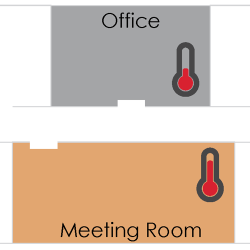 Illustration of an empty office and an occupied meeting room