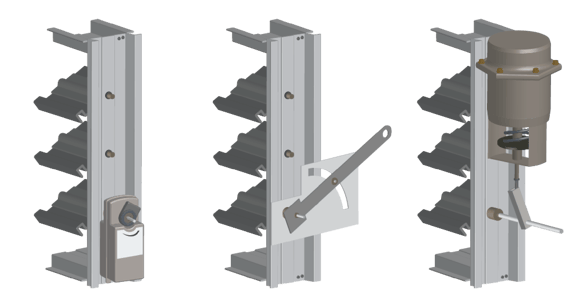 Actuators rotate adjustable blades to open or close the damper.