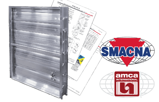 A damper beside logos for SMACNA and AMCA
