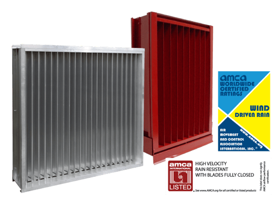 Two severe weather louvers with an AMCA seal for wind driven rain and an AMCA label for AMCA 550