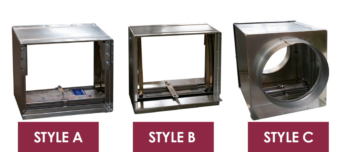 Three fire dampers with A, B, and C-style transitions