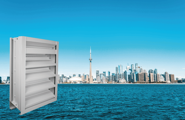 AS4SHP louver beside a photo of a city skyline during a sunny day