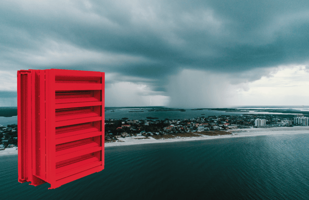 The AS7D99CH beside a photo of a severe weather event