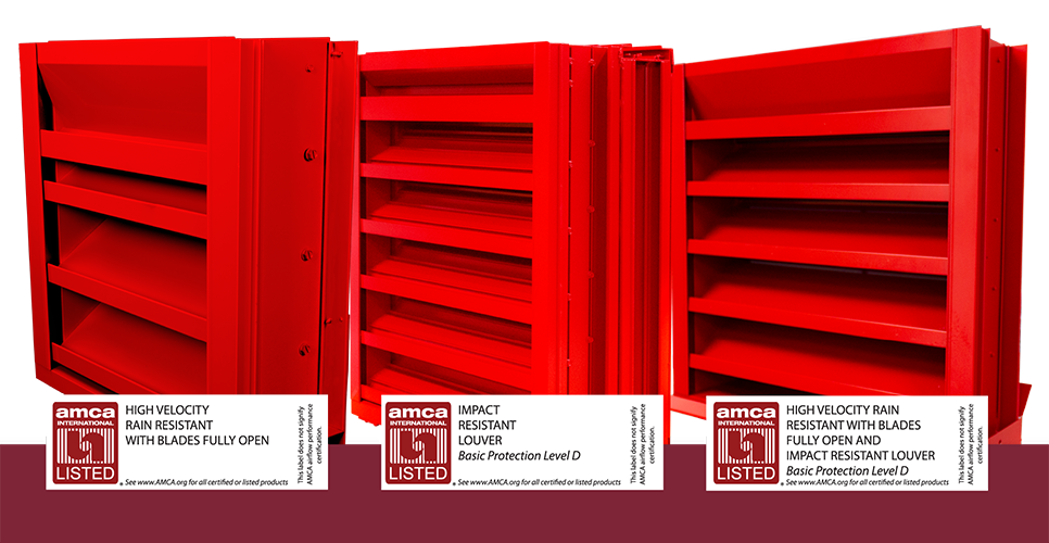 Hurricane louvers with AMCA 540 and AMCA 550 listing labels