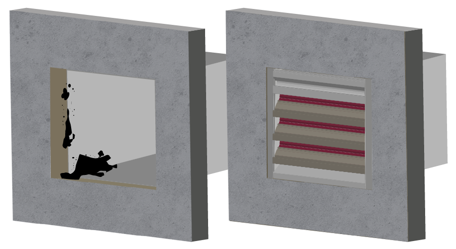 Illustration of a duct with mold and rust damage and a duct with a louver installed