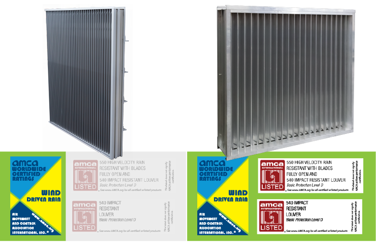 A louver with a Wind Driven Rain seal and a hurricane louver with an AMCA 540 and 550 seal