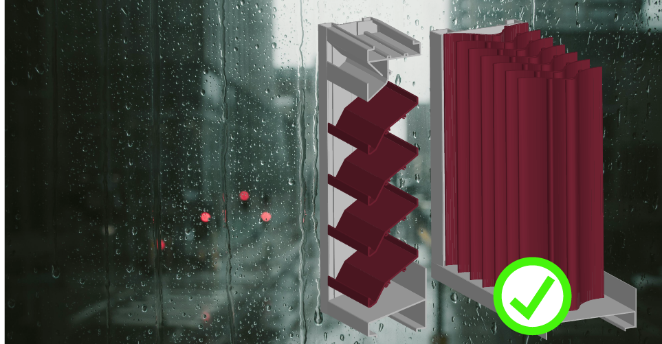 Illustrations of two severe weather louvers with rain in the background