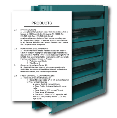 Louver specifications and the Products section