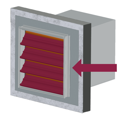 Illustration of a damper with a flange frame installed over a wall opening