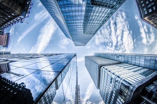 A city skyline viewed from below