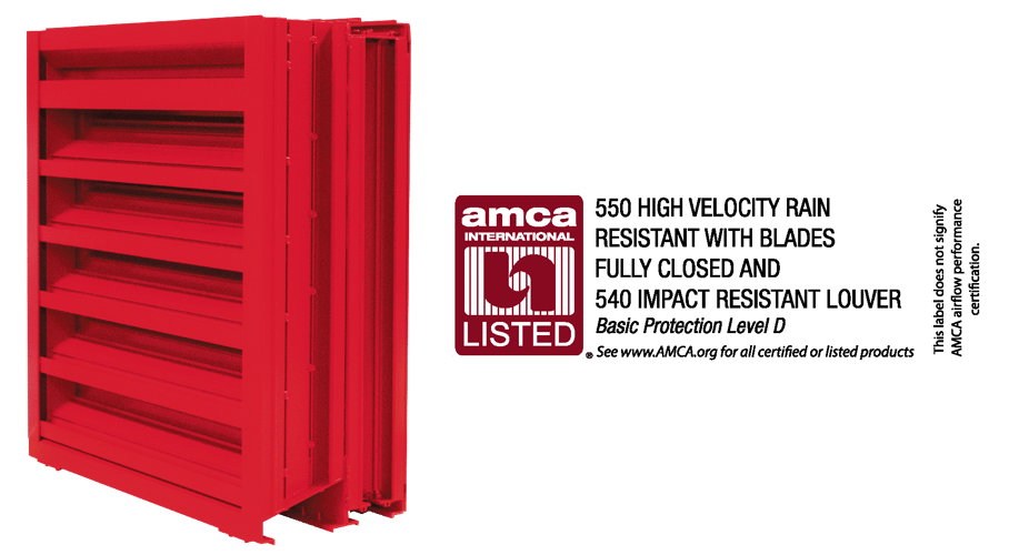 A louver beside an AMCA listing label for AMCA 540 and 550