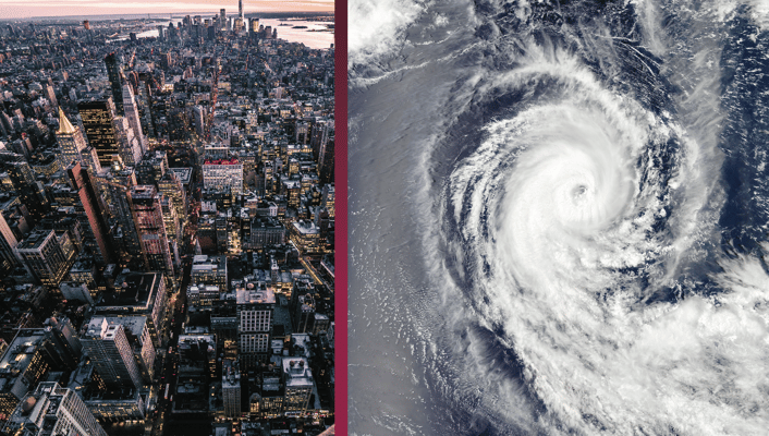 Image of a city beside an image of a hurricane