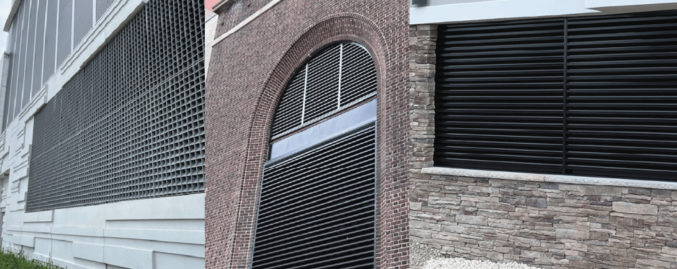 Three examples of louvers installed in ventilation openings.