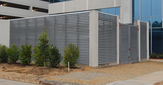 A louver screen conceals a private area