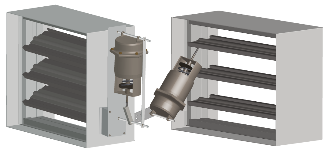 A pneumatic actuator installed on jamb beside an pneumatic actuator installed on face.