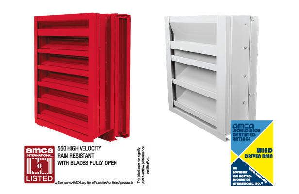 Two louvers, one listed for AMCA 550 and the other rated for wind driven rain