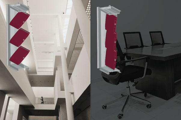 Two office spaces with illustrations of dampers, one damper open and one closed