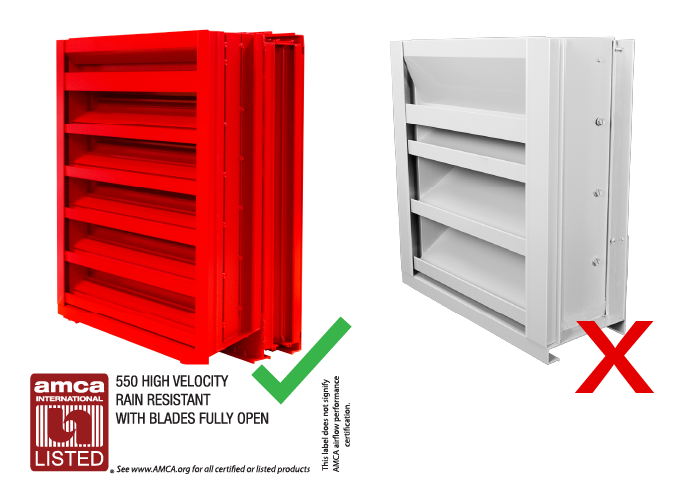 Two wind driven rain louvers, one with the AMCA 550 listing label.