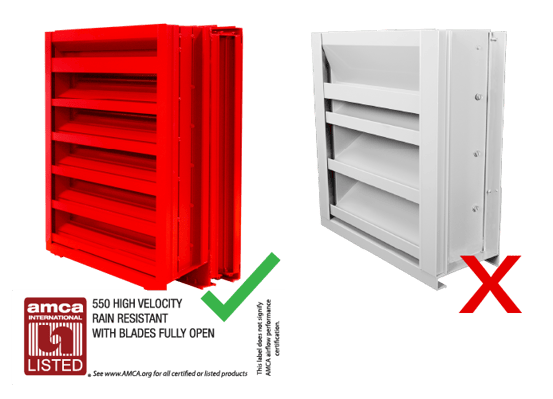 A louver with AMCA 550 and a louver without any certifications