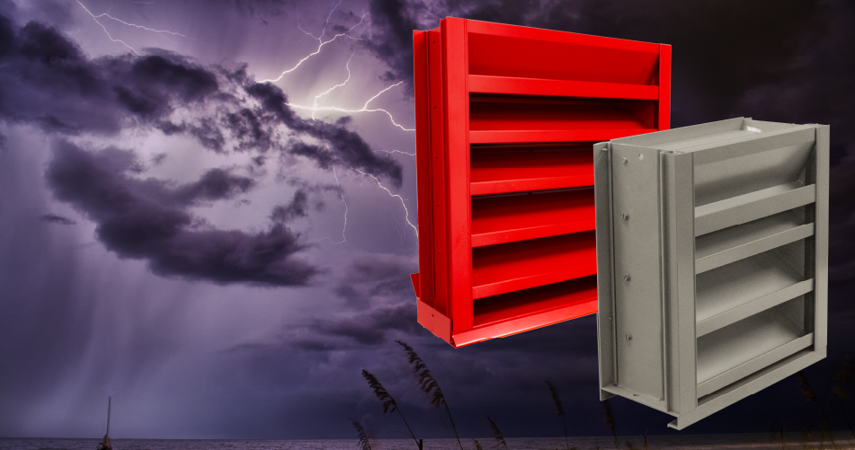Two severe weather louvers beside storm clouds